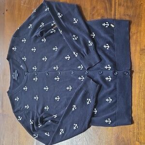 Tommy Hilfiger 100% Pima Cotton Navy Blue And White Anchor Cardigan Size Small
